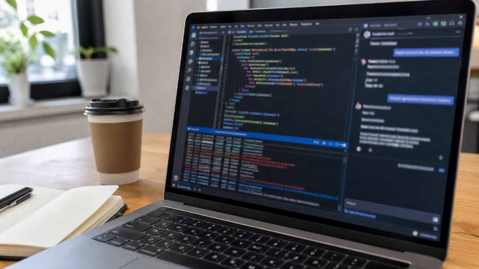 Màn hình laptop với code, log và AI agent